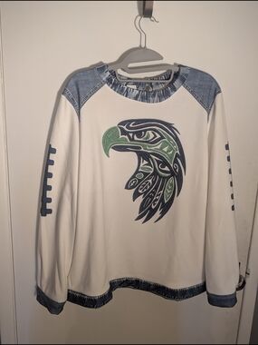 White Crew NeckTribal Deign Seahawks Sweater with Green & Navy Eagle Graphic